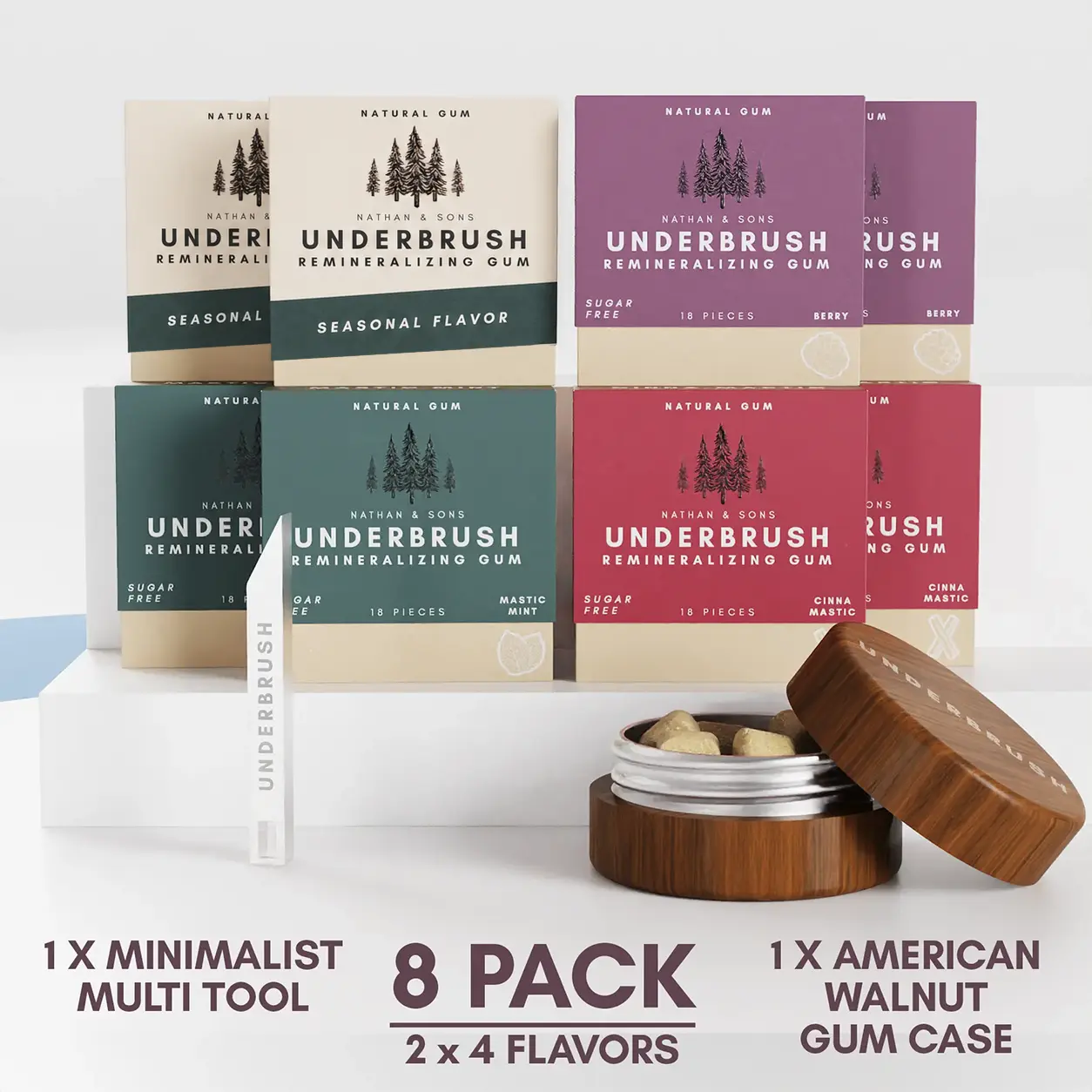 Underbrush Gum 8-Pack Bundle | All Flavors + Walnut Case & Multi Tool Underbrush Gum 8-Pack Bundle | All Flavors + Walnut Case & Multi Tool