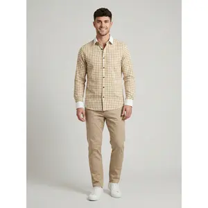 Men's Mustard Yellow Gingham Check Button-Down Shirt with Contrast Cuffs