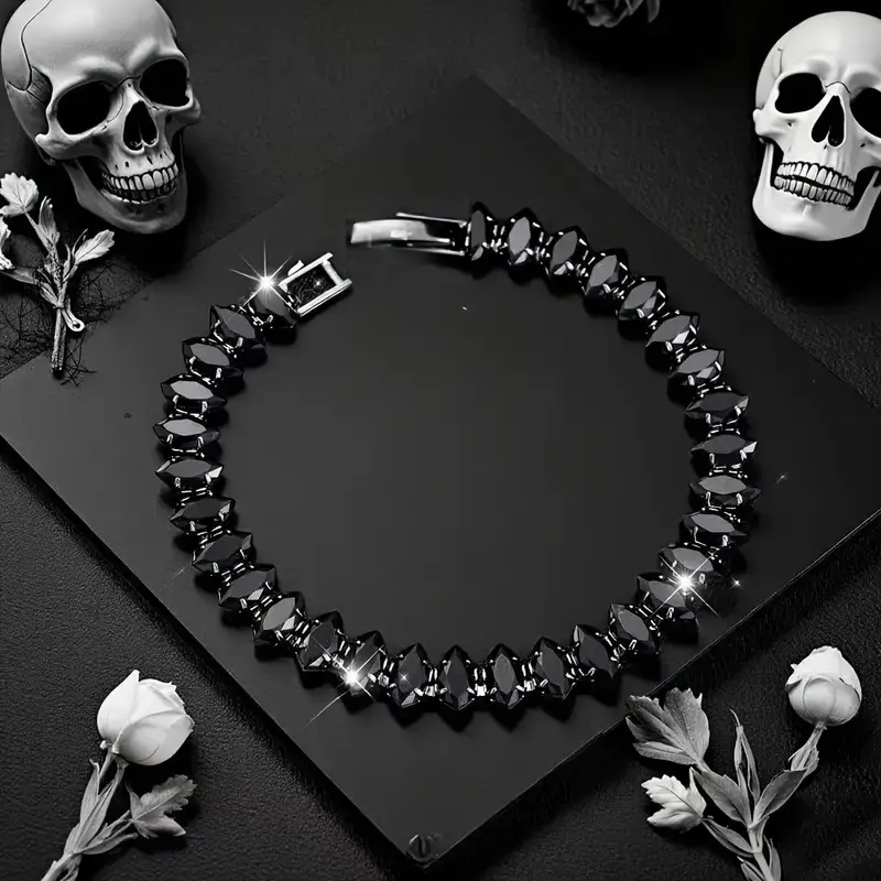 Unisex 19cm Black Marquise Cut Zircon Stone Tennis Bracelet - Chic, Hypoallergenic, Comfortable Gothic Hip-Hop Synthetic Gems Costume Jewelry with Antioxidant Benefits for Valentine’s Day, Thanksgiving, Daily, Fashion, Halloween