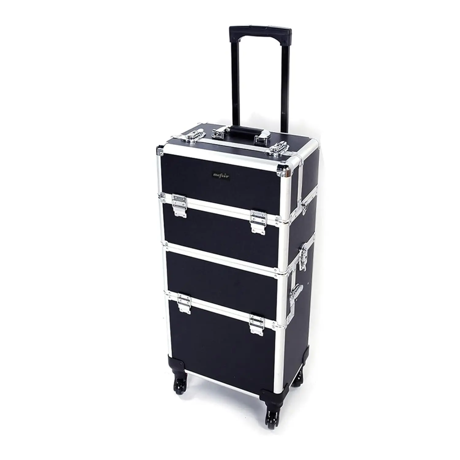OmySalon 3-in-1 Lockable Rolling Cosmetics Organizer, Aluminum Makeup Train Case with 4 Removable Wheels, Travel Cosmetology Display Luggage