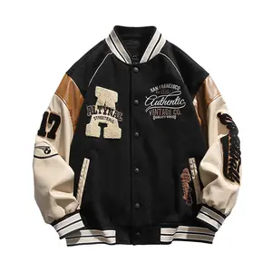 Men's Streetwear Letter Embroidery Baseball Jacket Spring Autumn Long Sleeve Scrub Leather Bomber Jackets Button Up Outerwears