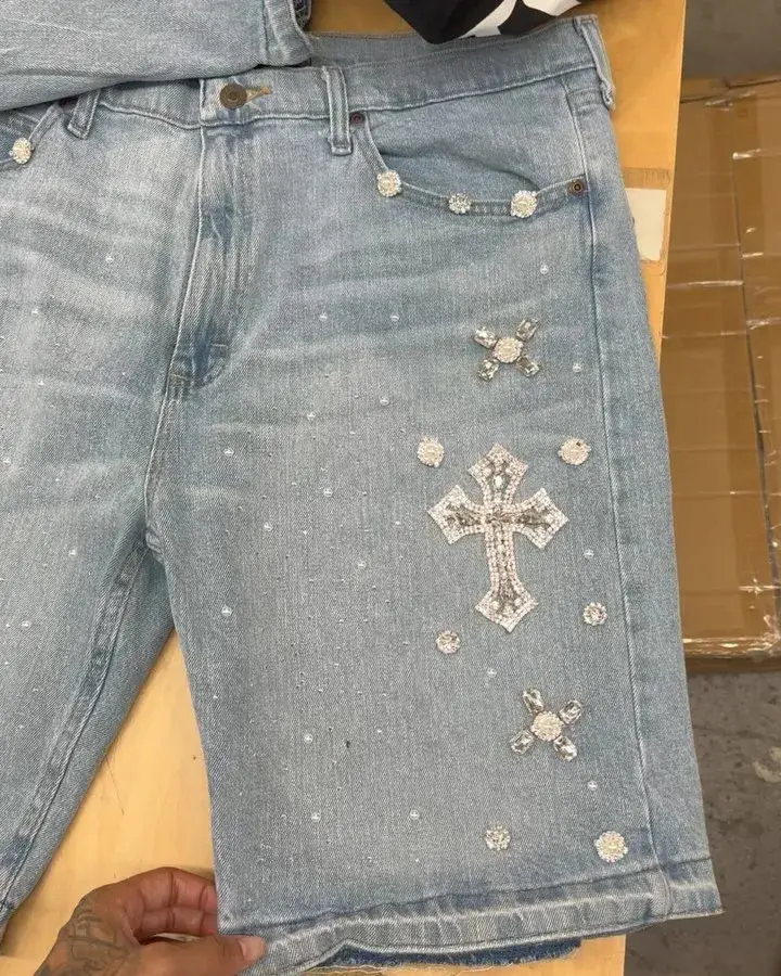 Gothic Rhinestone Cross Embroidery Viral Denim Jorts Y2K Vintage American Trend Gym Shorts Men Women Street Hip Hop Jean Short