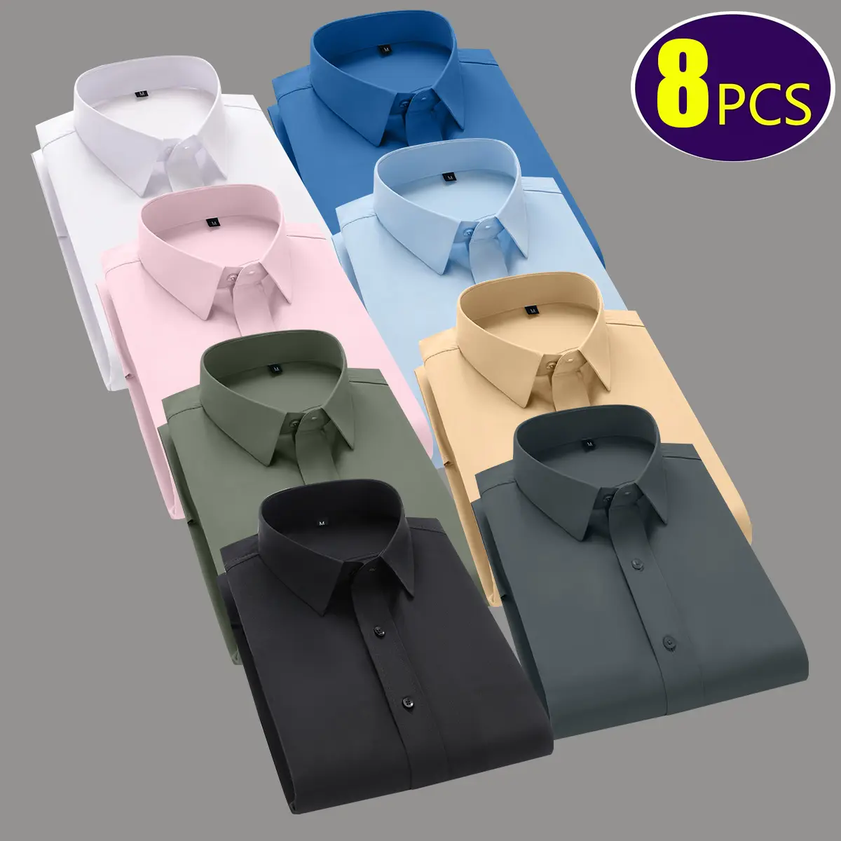 Men's 8-Pack Long-Sleeve Menswear Professional Dress Shirts - Plain, Non-Iron, Diamond Buttons, Suitable for Banquet, Business Occasions, Basics, Cuffed, Fitted, M