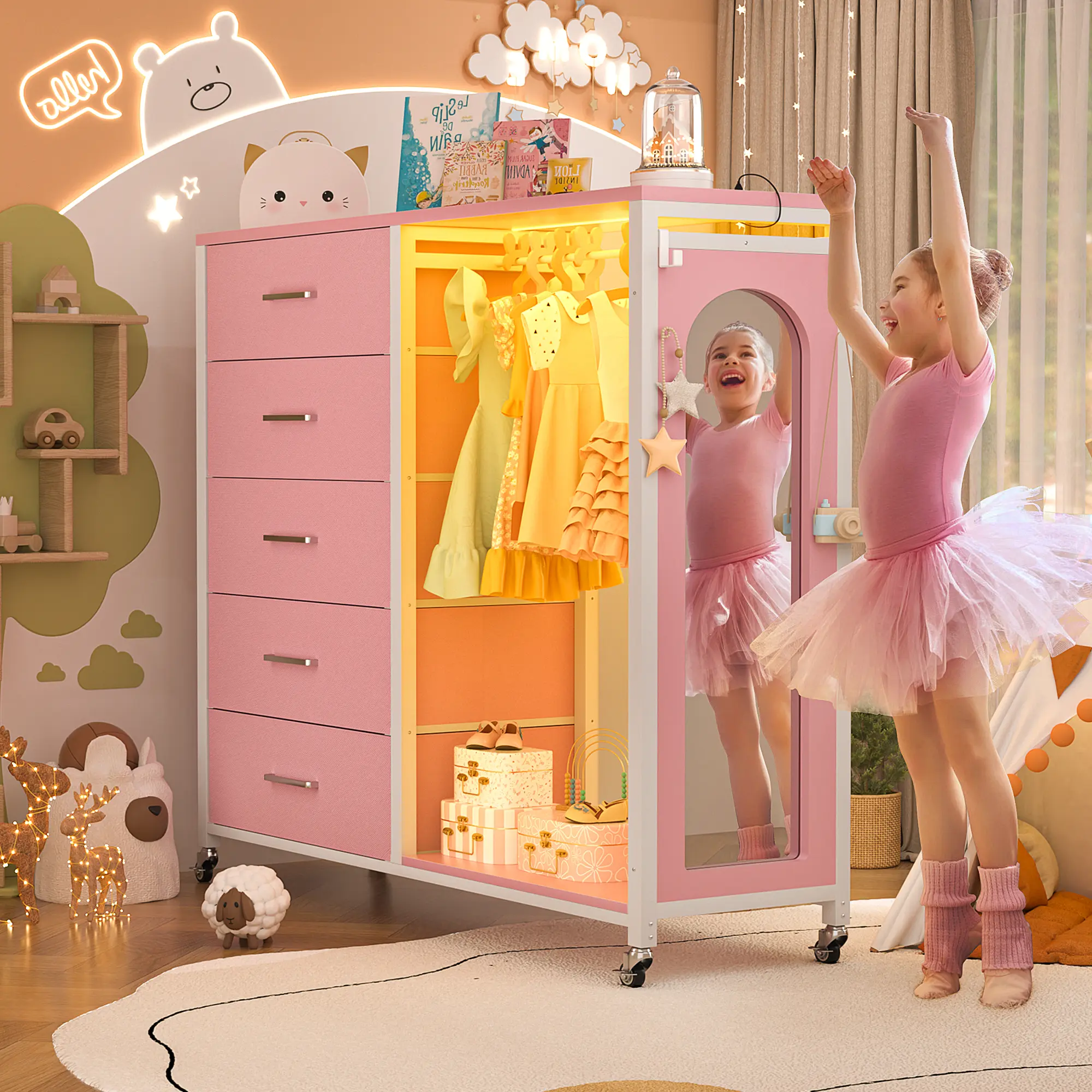 summergarden 5-Drawer LED Dresser Cabinet - Drawers, Full-Length Mirror, Clothes Rack, Built-in Charging Station, Magic LED Lighting, Easy Mobility - Unique Bedroom Furniture for Bedroom, Living Room - Multifunctional Storage Solution, Drawer Dresser Cabi