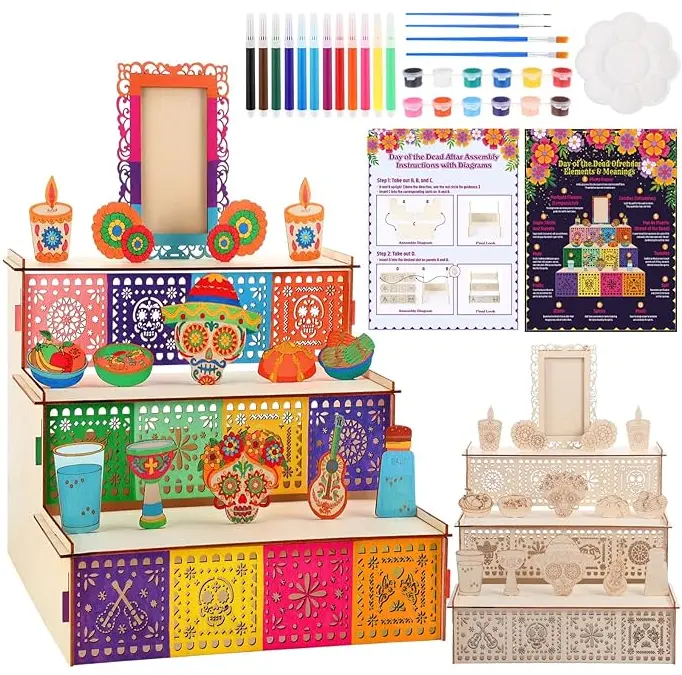 Dia De Los Muertos Ofrenda Set Altar de Muertos with Photo Frame Day of the Dead Ofrenda Wooden Box with DIY Painting Kit Altar Supplies for Deceased Loved Families Pets & Dead Decorations
