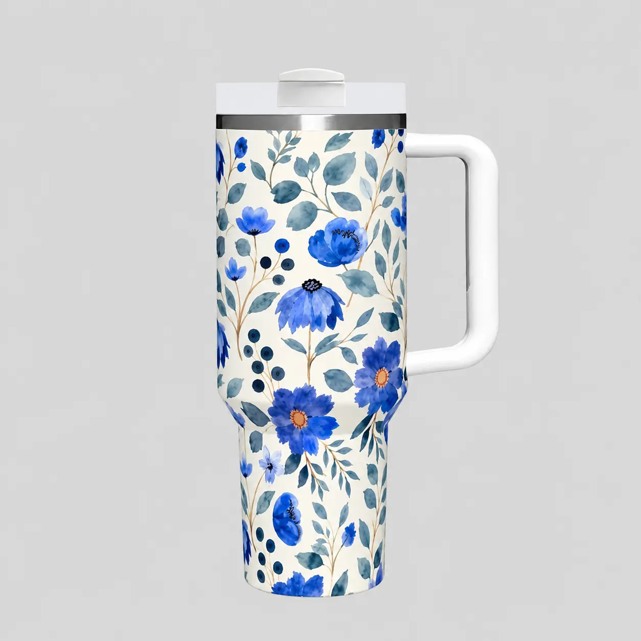 40oz Blue Floral Insulated Tumbler With Handle & Straw, Watercolor Blue Flower Stainless Steel Travel Mug, Reusable Leakproof Thermal Coffee Cup Keeps Cold 9H Hot 3H, Car Cup Holder Friendly Iced Coffee Tumbler For Travel Gym Office