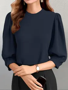 Women's Basic Plain Bishop Sleeve Button Blouse Shirts, Casual Solid Color Keyhole Neckline 3/4 Sleeve Fitted Top for Spring & Fall, Women's Clothing for Daily Wear Everyday Womenswear Casual Classy Top