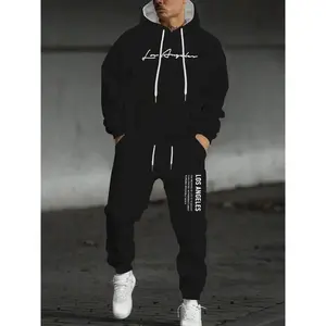 Men's casual fashion hoodie set, made of polyester material, with spring and autumn prints, loose fit, long sleeves, sporty style, streetwear sports set