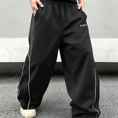 Men’s Y2K functional wide-leg commuter pants; casual drawstring-waist street-style loose straight-leg pants; everyday hip-hop oversized athletic casual pants; trendy sporty casual wide-leg pants; sweatpants.