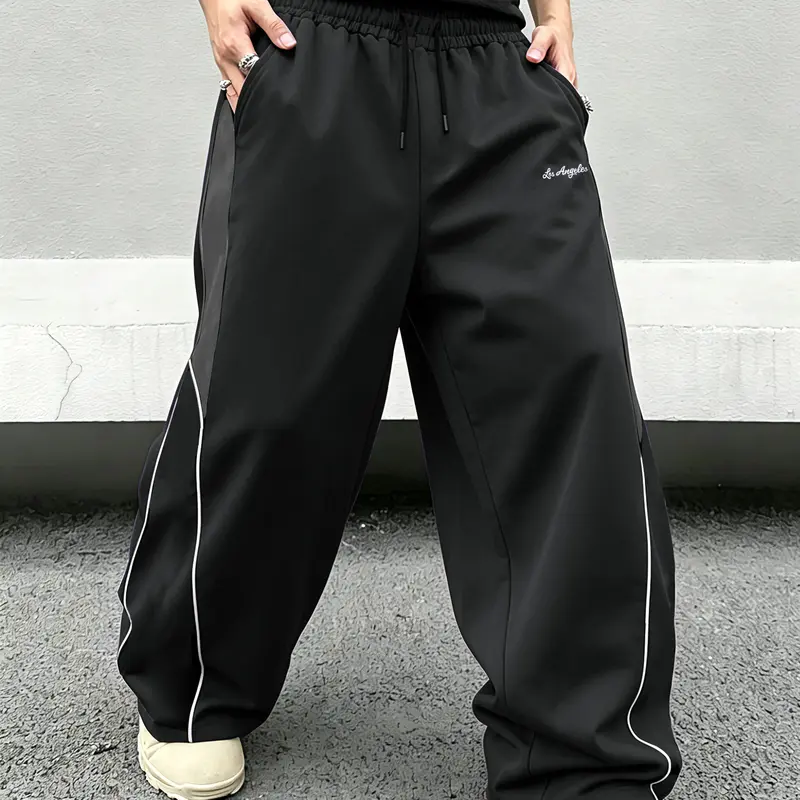 Men’s Y2K functional wide-leg commuter pants; casual drawstring-waist street-style loose straight-leg pants; everyday hip-hop oversized athletic casual pants; trendy sporty casual wide-leg pants; sweatpants.