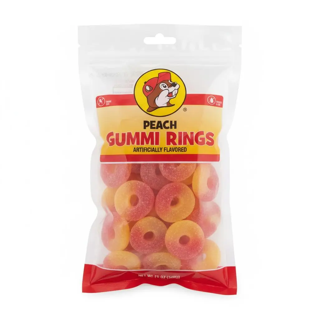 Buc-ee's Peach Gummi Rings - 355g Resealable Bag, Juicy Peach Flavor, Soft Chewable Stretchy Texture, Light Sugar Coating, Party Snacks, Back to School Haul Candy Snack