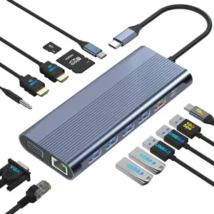 USB C Docking Station Dual  for /// Laptop, Dual HDMI Adapter for 2 Monitors, 14 in 1 Laptop Docking Station Dual  with 10Gbps USB/HDMI/VGA/PD/Ethernet/SD/TF/Audio/Mic