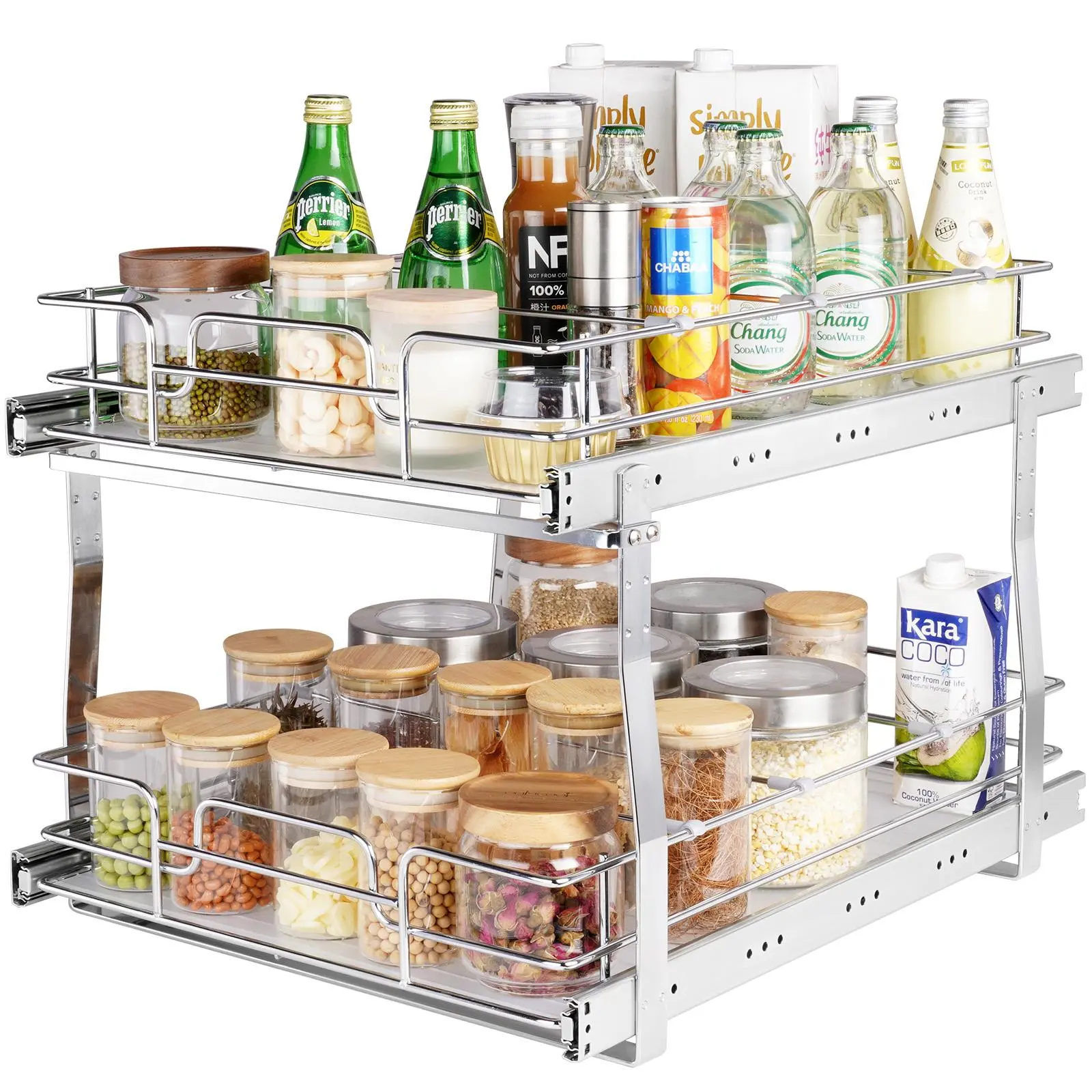 VEVOR 2-Tier Pull Out Cabinet Organizer Rack, 16"W x 21"D Chrome-Plated Steel Smooth Slides Basket, Heavy-Duty Kitchen Gadgets Organizer with Adjustable Removable Tray, Easy-Install Home Supplies for Under Sink/Pots and Pans Organization