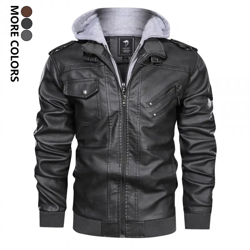 Men's Slim Fit Solid Color Zipper Pocket Long Sleeve Hooded PU Jacket for Daily Outdoor Life Stylish Casual Bomber Work Jacket Motorcycle Streetwear