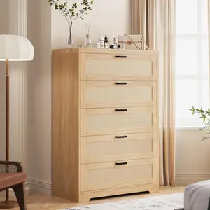 Brown Tall Rattan Dresser 5 Drawer Chest Modern Wooden Storage Cabinet with Wide Top for Bedroom Living Room Hallway Entryway