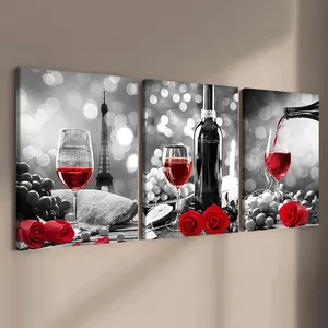 Romantic Rose Floral Wine Poster Set, Solid Wood Canvas Art, Artistic Modern Kitchen Dining Room Decor, High-Definition, Decoration