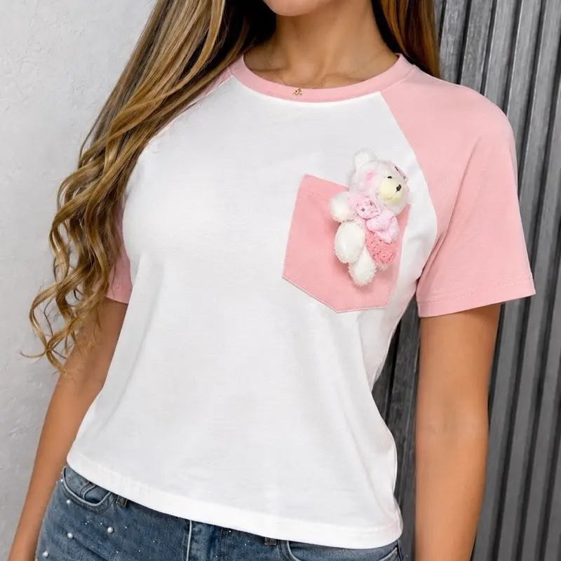 Women's Casual Short Sleeve Loose T-Shirt - Cartoon Patch Funny Teddy Bear Pocket, Lightweight Stretch Fabric, Everyday Style, Funny Vibes, True To Size, Comfortable Top, Cartoon Patch Women's T-Shirts