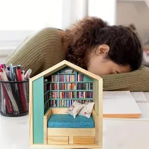 1pc Anxiety Bookshelf Handmade Mini Room Box, Detailed Wooden Scene with 200 Mini Books and 2 mats, Handmade Wooden Mini Book Corner Relax, Tiny World Craft, Miniature Library, Tiny House Model Kit, Home Decor