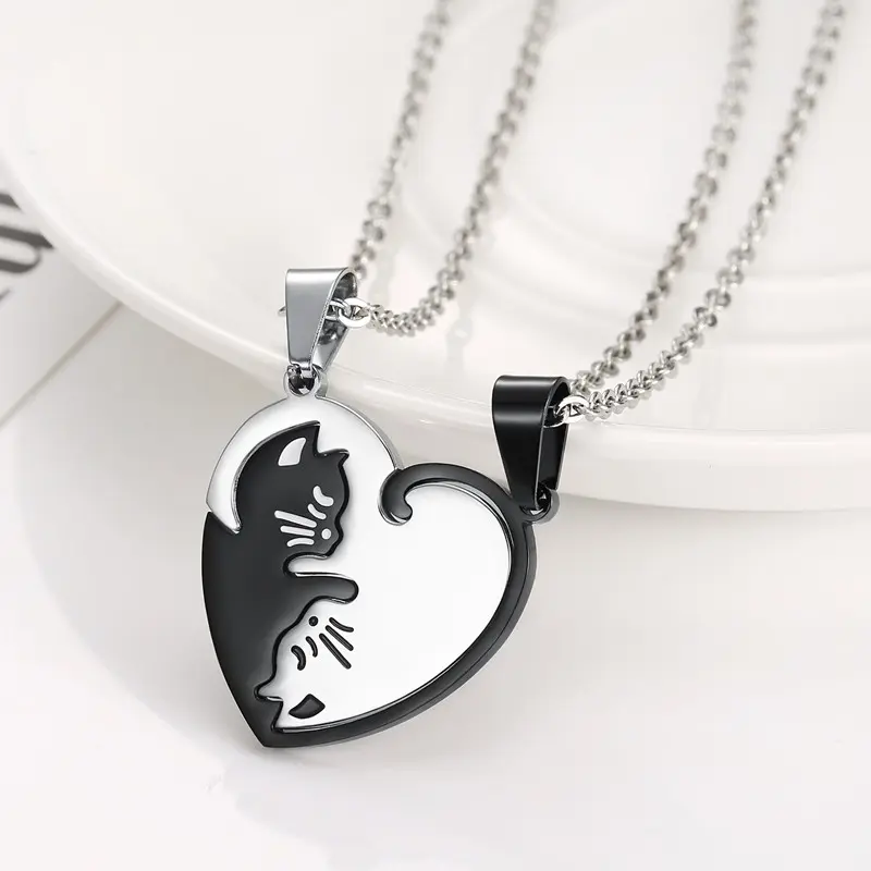 Love Heart Cat Puzzle Necklace in Stainless Steel, Fashionable Minimalist Jewelry for Couples, Anniversary Valentine's Day Gift, Fashionable Jewelry Accessories, Love Heart Necklace, Minimalist Chain, Valentines Day