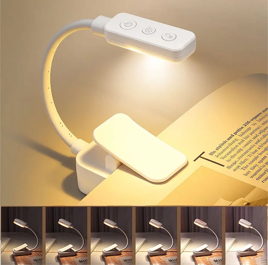 Rechargeable Clip-On LED Book Light - 1000mAh Battery Plastic Gooseneck Adjustable Indoor Reading Light with 3 Colors, Stepless Dimming, Portable for Bed, Camping, 5 Years & Up Students