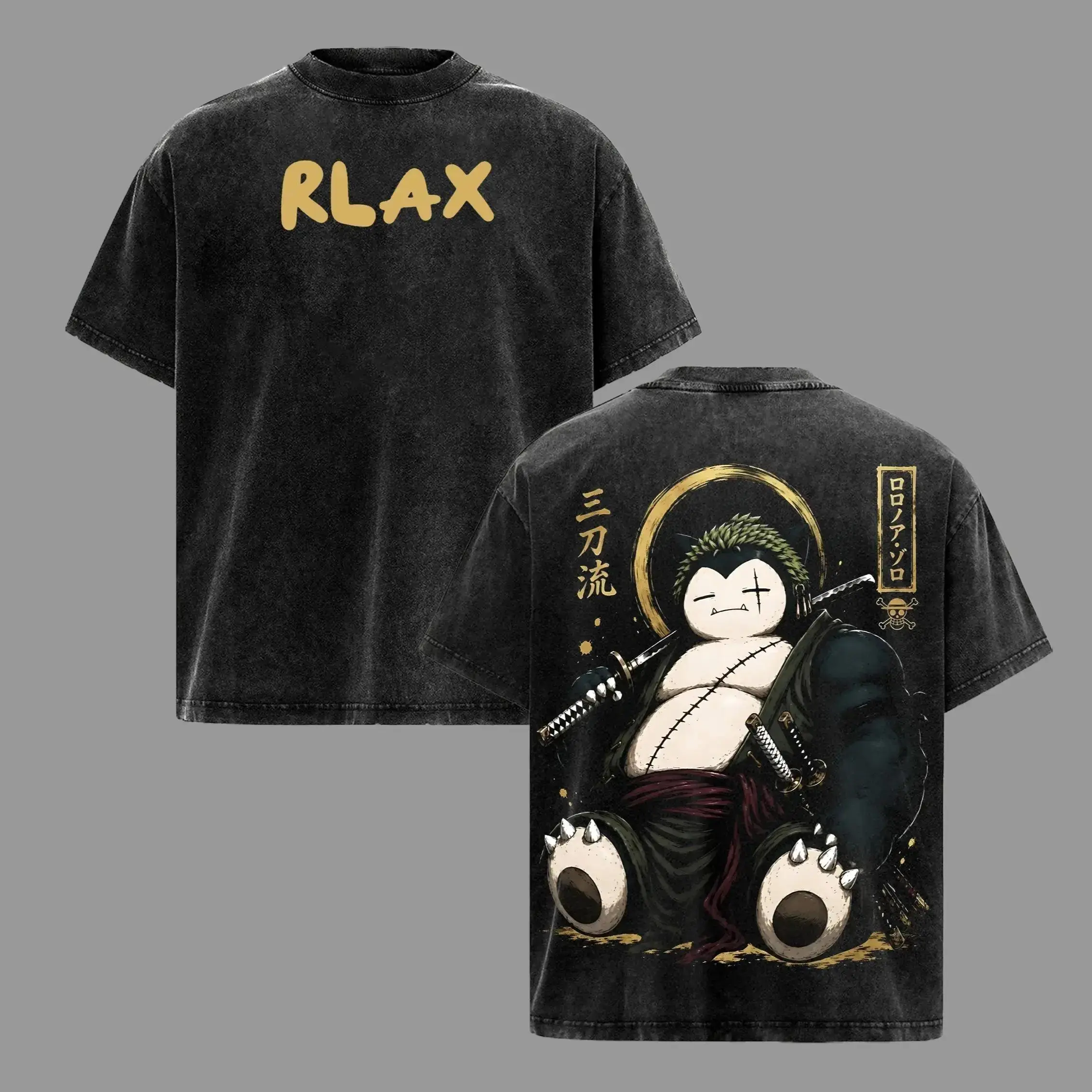 Men's Classic Crew Neck Short-Sleeve Tshirt - Snorlax Anime Mashup Graphic Top, Heavyweight Cotton, Cold Wash Menswear Fan Gift, Shortsleeve, Casual, Round Neck, Graphic Print