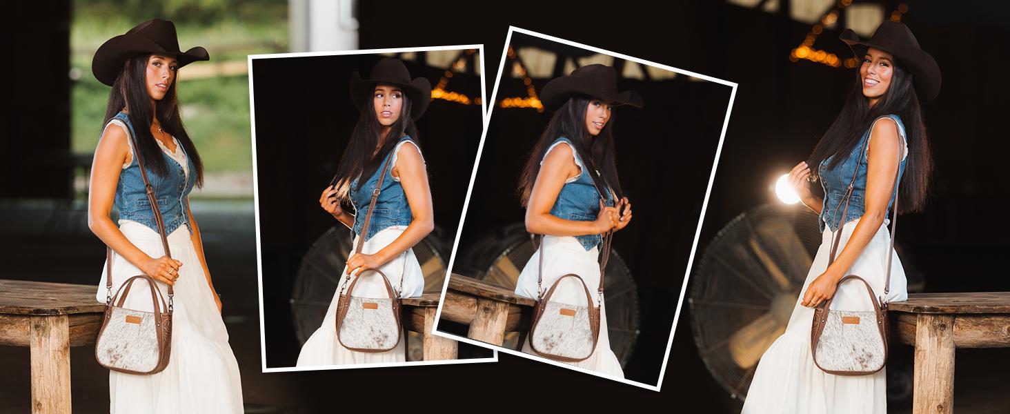 Wrangler Genuine Hair-On Cowhide Tote/Crossbody Bag with Adjustable Strap Floral Tooling & Top Zipper Closure Shoulder Bag Leather Satchel