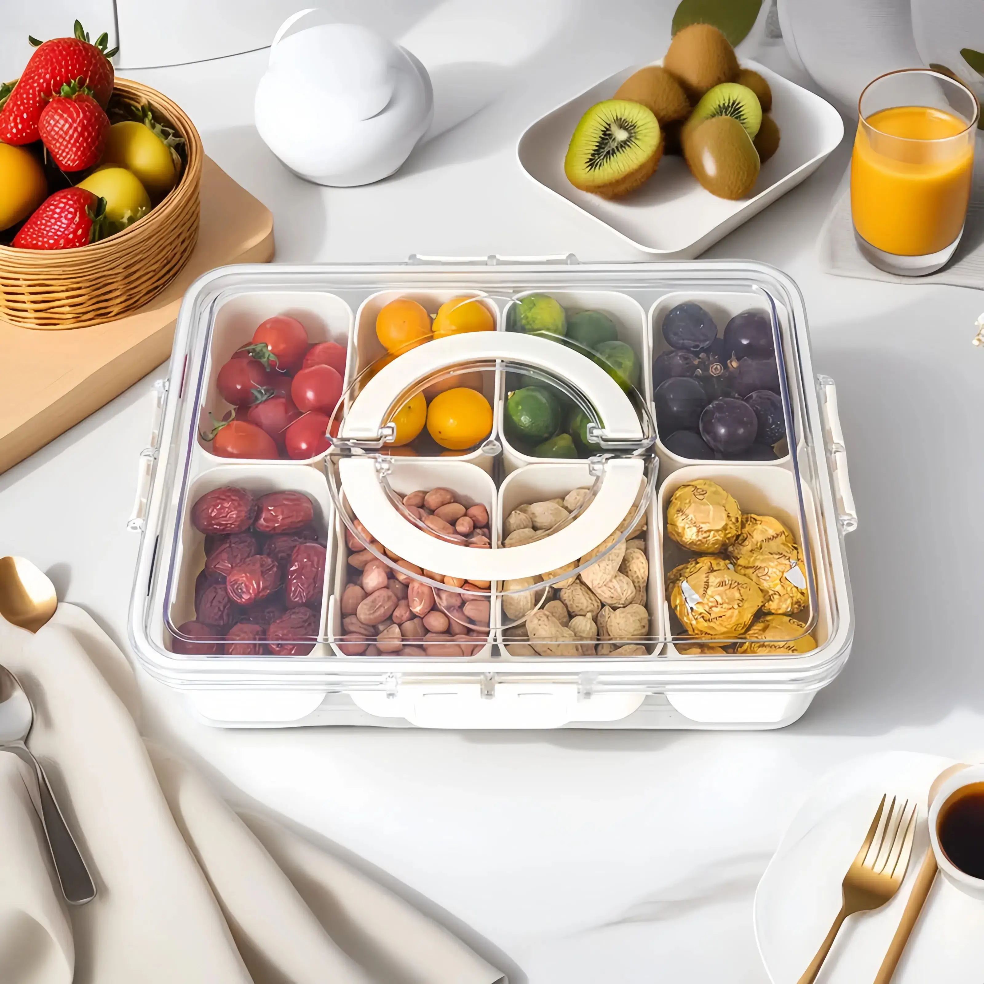 Divided Serving Tray with Lid and Handle - Snackle Box Charcuterie Container for Portable Snack Platters - Clear Organizer for Candy, Fruits, Nuts & S