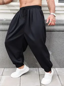 【Plus Size】 Solid Plain Pocket Drawstring Waist Wide Leg Pants, 2024 New Style Casual Comfy Loose Trousers for Daily Wear, Men's Bottoms for All Seasons