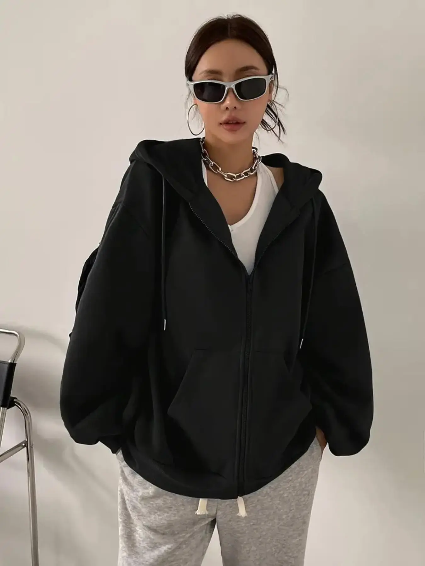 Women's Solid Color Casual Hoodie, Knitted Front Zipper, Long Sleeve Loose Fit, Drawstring Adjustable Cap, Perfect for Home Office & Leisure