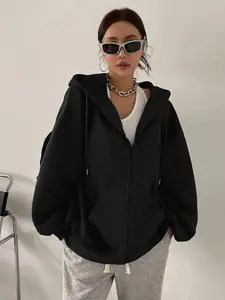 Women's Solid Color Casual Hoodie, Knitted Front Zipper, Long Sleeve Loose Fit, Drawstring Adjustable Cap, Perfect for Home Office & Leisure