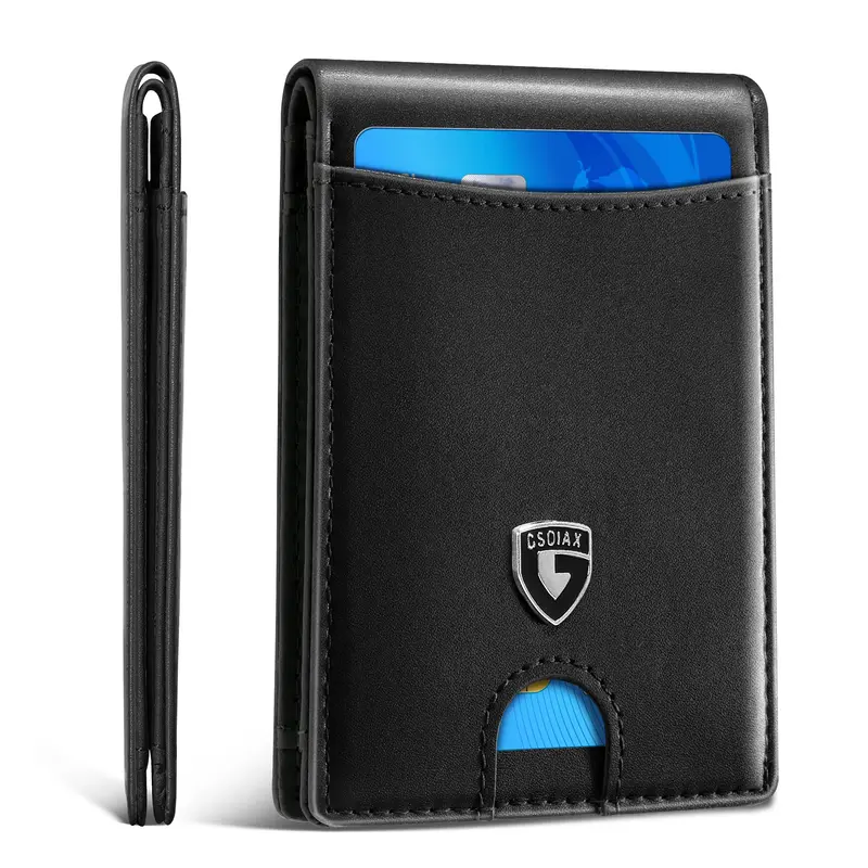 Carrtan Slim Wallet For Men - RFID Blocking Pop-Up Card Case With Money Clip, Tri-fold Leather Wallet