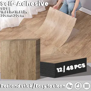 12/48pcs Self-adhesive luxury wood grain floor stickers, easy to peel and apply, 3D wood grain texture, suitable for floor covering and renovation in living rooms, bedrooms, bathrooms, kitchens, and offices, convenient to use, luxurious retro style.