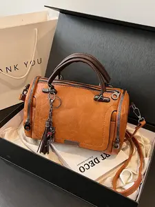 Women's Black Cylinder Crossbody Bag - Vintage Leather Tassel Decor Top Handle Purse for Daily/Party