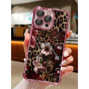A leopard print cherry blossom phone case with camera lens protection, silicone anti-wear phone case, compatible with iPhone 17/16/15/14/13/12/11. Christmas and Halloween gift. Suitable as a holiday gift for friends, family, or yourself.