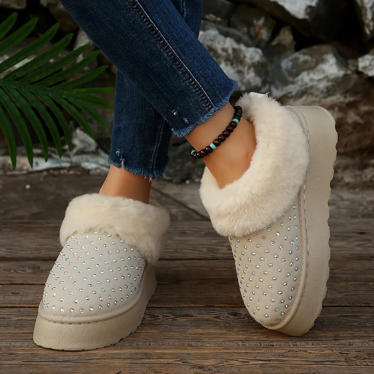 Women's White Rhinestone-Embellished Winter Snow Boots - Round Toe Sparkling Faux Upper - Corduroy-Like & Rubber Sole - Elegant for Snowy & Icy Traction - Dress Boots for Parties, Everyday (Low-Maintenance)
