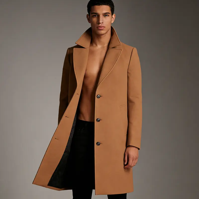 Men's Woolen Pea Coat Mid-Length Double-Breasted Overcoat, Stylish Warm Jackets with Lapel Collared Neck, Plain, Casual, Long, Thermal Insulation, Polyester, Solid, Wool & Pea Coats, Woven