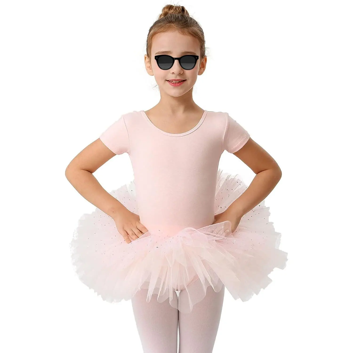Toddler Girls' Short Sleeve Tutu Leotard, Glitter Scoop Neck Cotton Blend Dance Garment for Ballet Class and Exam, Daily Wear, 8% Lycra Spandex, Layered Tutu, Cold Wash, Female, Glitter Accents, Leotard Top
