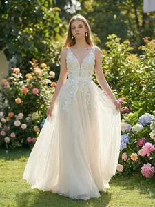 Deep V Lace Embroidered Wedding Dress with 3D Floral Design, Long Sleeve Bridal Gown, Elegant and Chic, Perfect for Special Occasions, Womenswear