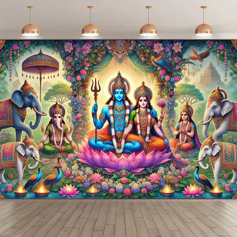 8x6ft Indian Mythology Polyester Backdrop Banner - Vibrant Print with Elephants, Lotus, Birds, Hindu Deities, Ideal for Photography, Weddings, Decoration (Home Supplies, Festive & Party Supplies), Indian Motifs