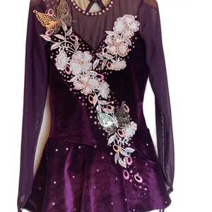 Deep Red Performance Ice Skating Dress for Young Skaters with Unique Design and Long Sleeves