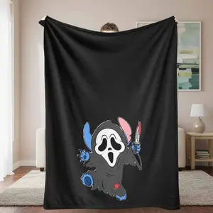 Cartoon Ghost Costume Flannel Blanket Cute Halloween Theme Printed Design Soft Cozy Warm Lightweight Plush Throw for Sofa Bedroom Living Room Office Travel Gift Use
