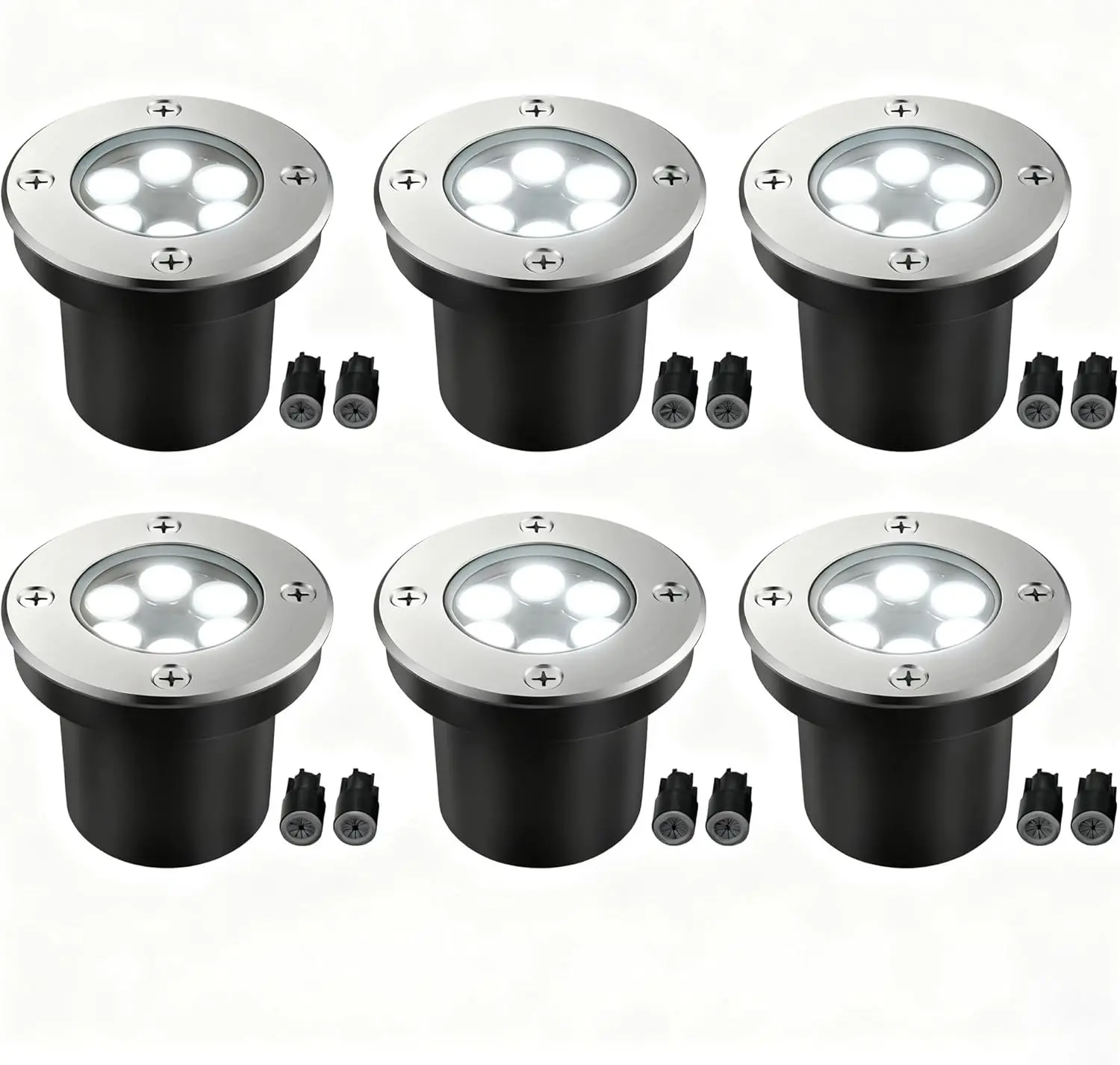 JESLED 6-Pack 6W LED In-Ground Well Lights, 12V-24V Low Voltage Hardwire Steel Panel Lights, IP67 Weatherproof for Driveways, Swimming Pools, Flags, 3000K Warm/6000K Bright White Outdoor Uplights