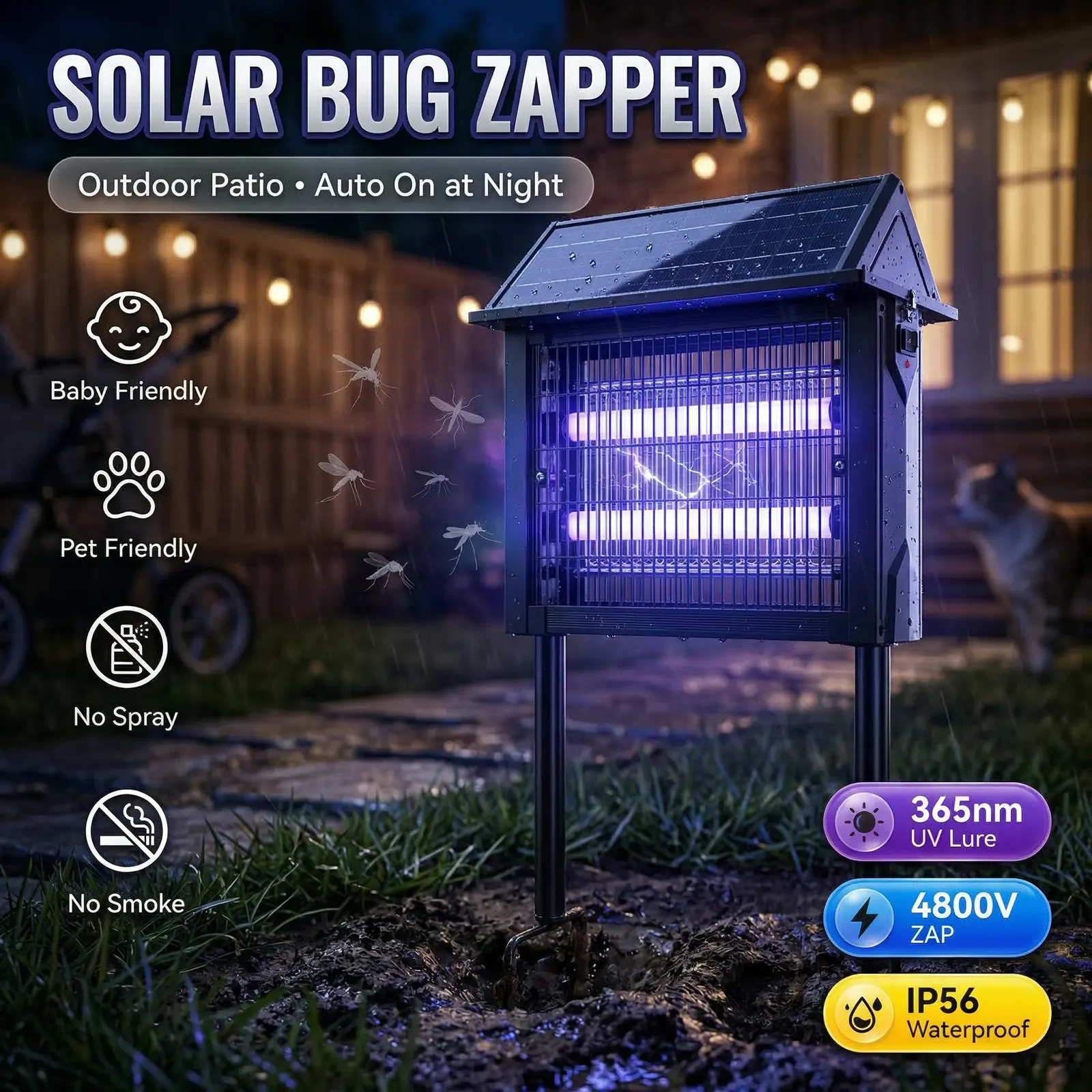 Father's Day Gift TAZTIR Bug Zapper Outdoor Solar Powered,Mosquito Zapper Indoor with 4800V High Powered, Electric Fly Zapper with GroundingBracket, Waterproof Mosquito Killer, Fly Zapper, MosquitoKiller, Electric Trap Ideal for Patio,Backyard