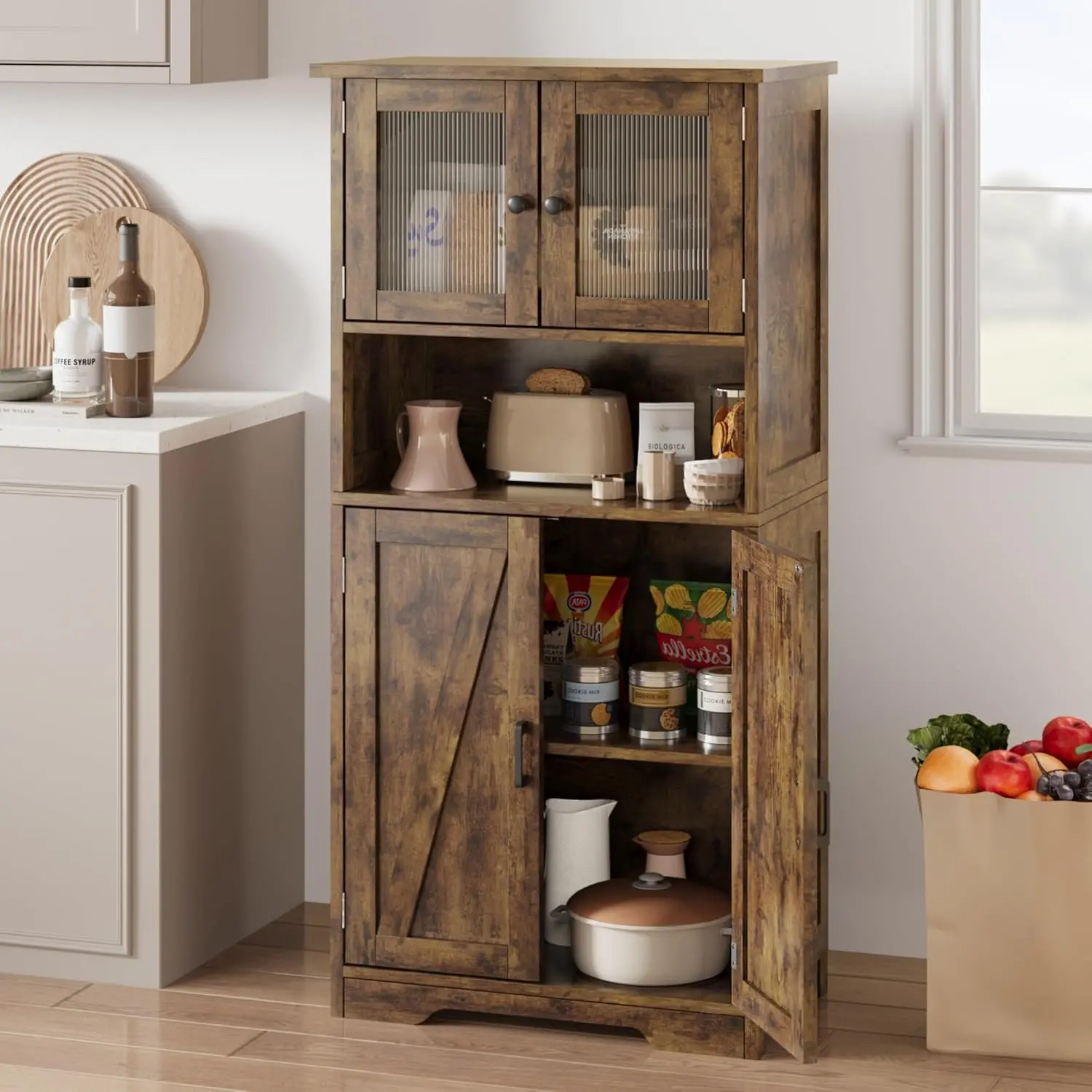 Farmhouse Tall Barn Door Bathroom Cabinet Organizer - MDF Freestanding Storage Cupboard with Doors, Adjustable Shelves, Durable Build, Effortless Cleaning and Maintenance for Kitchen, Living Room