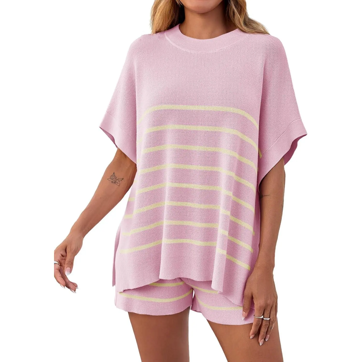 Imily Bela Women's Striped 2 Piece Outfits Oversized Batwing Short Sleeve Tops High Waisted Shorts Summer Knit Lounge Short Sets