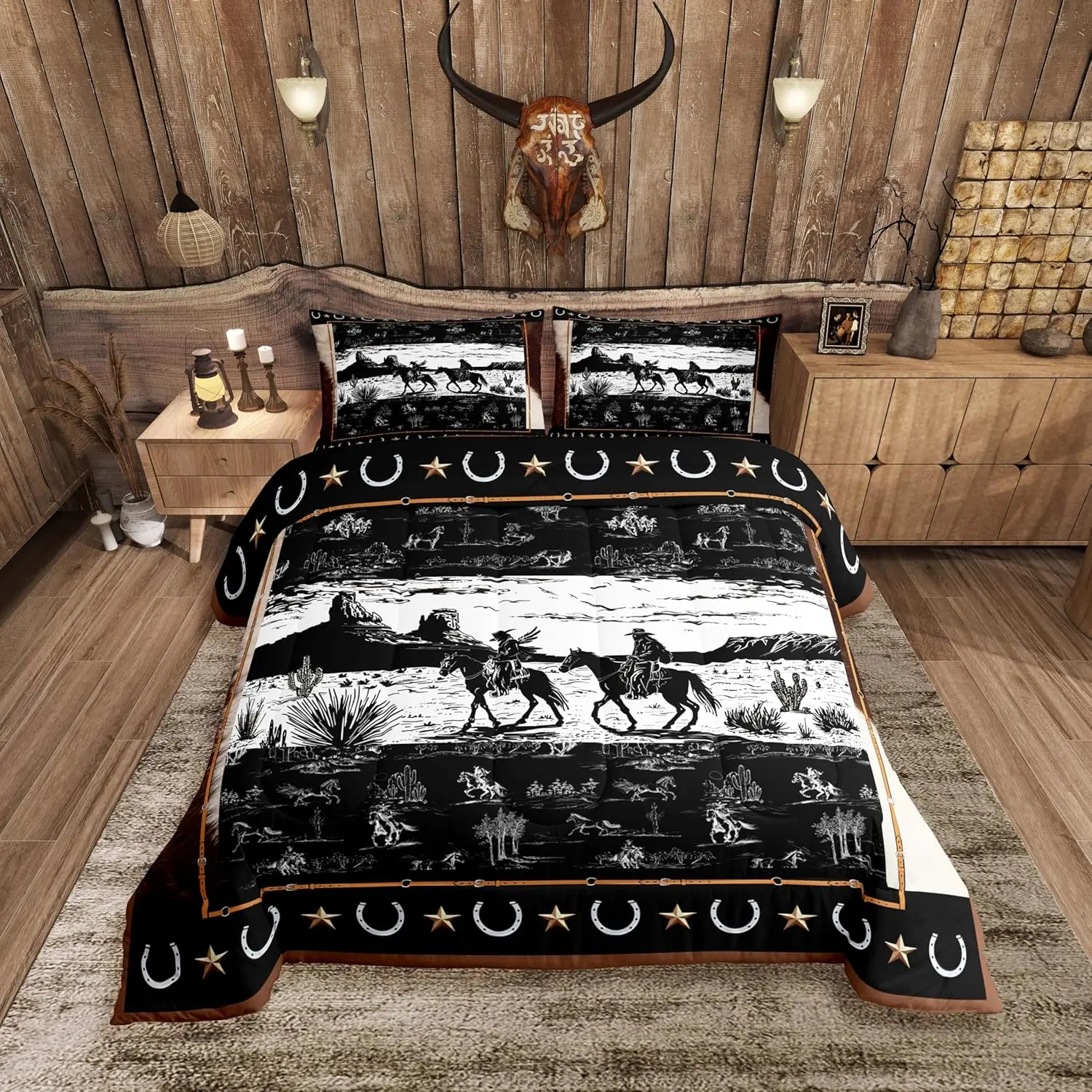 Feelyou Western Designer Microfiber Duvet Comforter Bedding Set - Horse Cowboy Themed, Rustic Wild West Black and White, Western Elegance Bedroom Decor, Bed Cover Set for Twin, Full, King Sizes, Bedding Sets