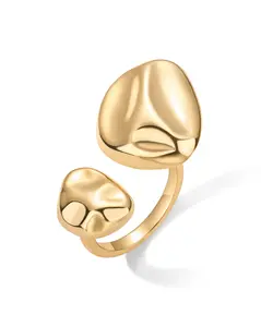PAVOI 14K Gold Plated Chunky Open Statement Rings for Women - Bold Hammered Double Pebble Stackable Ring - Trendy Geometric Organic Fashion Bands Jewelry
