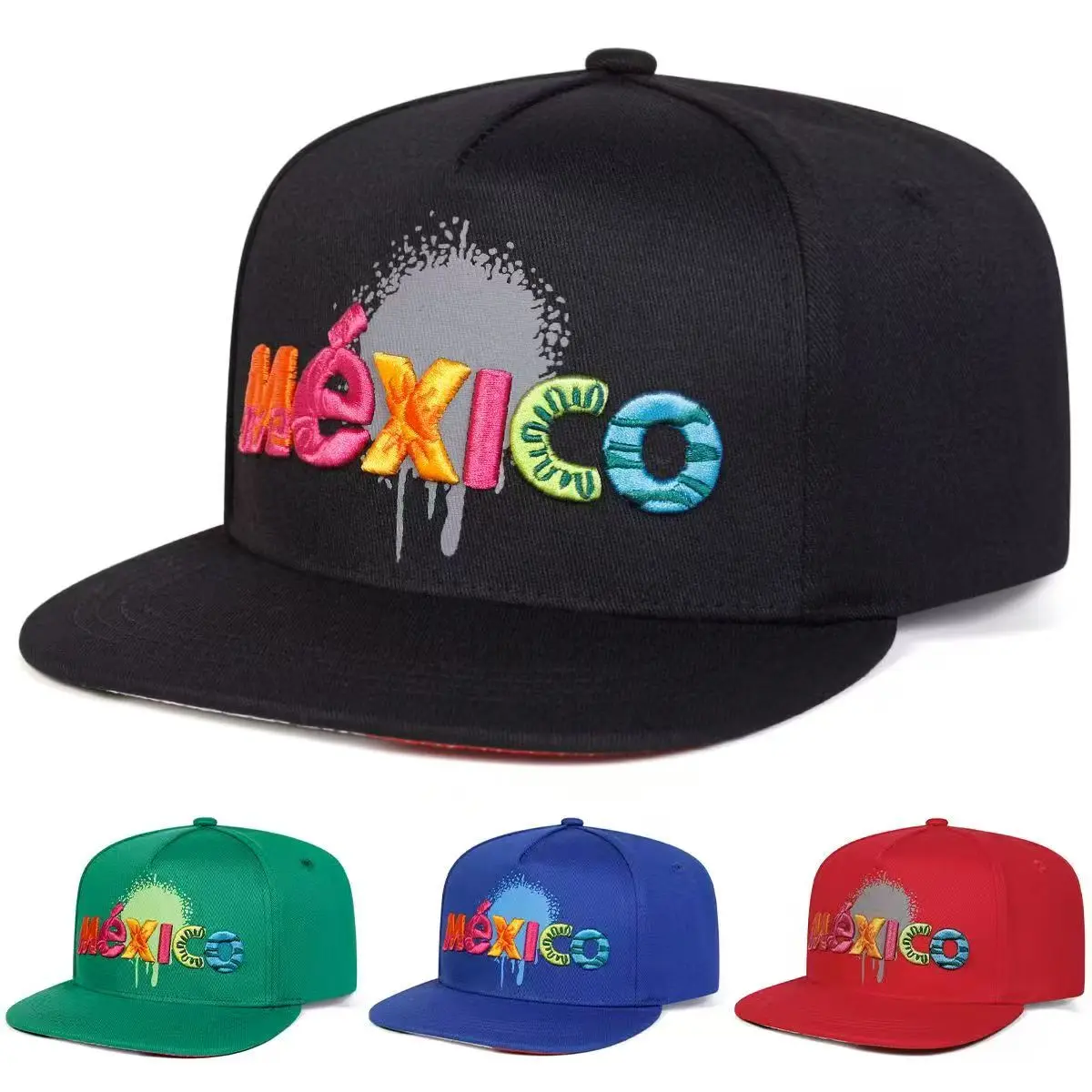 Unisex 3D “México” Embroidered Flat Brim Snapback Hat – Graffiti, Hip Hop Adjustable Baseball Cap for Men & Women, Streetwear Summer Sun Hat Quality Caps Customizable Hats Casual Outfits Cap Sports Hat