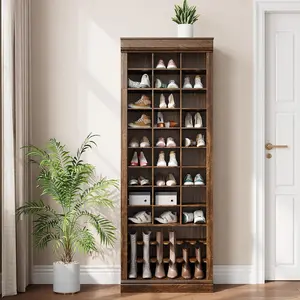 High Capacity Brown Wooden Shoe Storage Organizer - Freestanding Multifunctional Cubby Shoe Holder, 33-Pair Organized Storage for Closet, Entryway Tall Boots