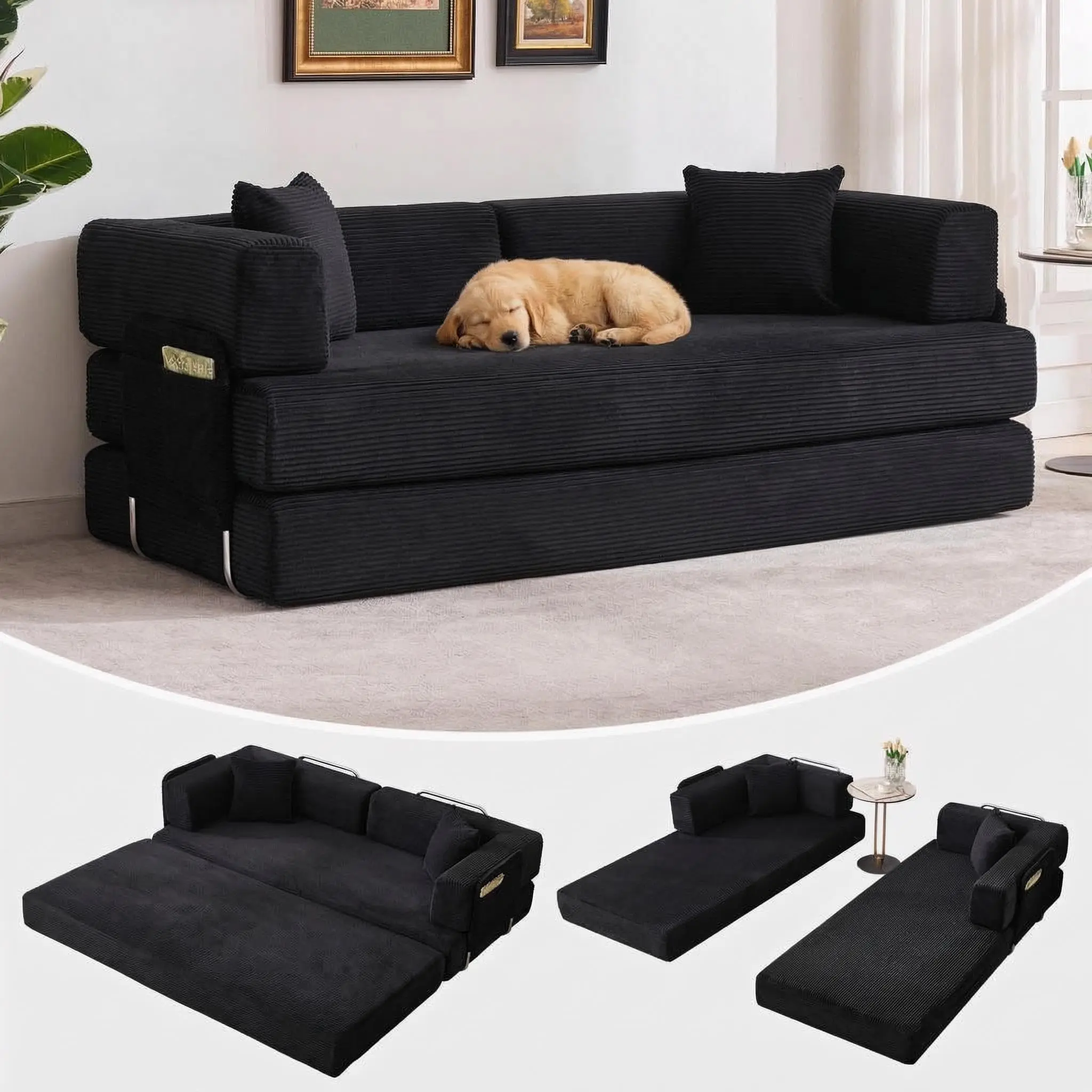 Garvee 5-in-1 Convertible Indoor Sofa Bed Sleeper, 78.8in Corduroy Futon Chaise Lounge, Pull-Out Folding Mattress Couch, 50d High-Density Foam, 1200 lbs Capacity, No-Assembly Loungers for Living Room (Multiple Colors)